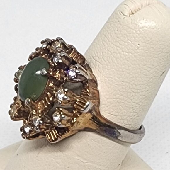 Vintage 18 Karat Gold Electroplated Nephrite & Glass Rhinestones Ring (6) - Picture 3 of 6